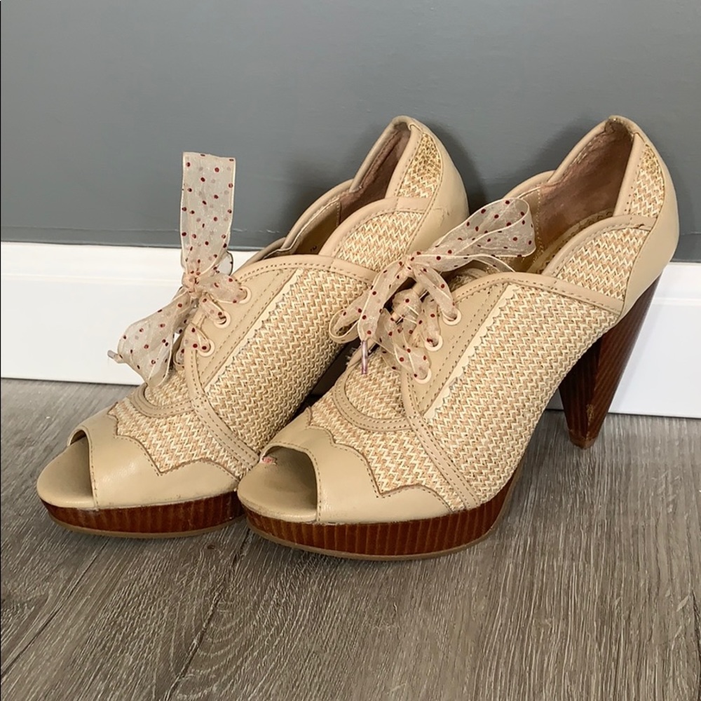 Poetic License peep toe heels with tie up scallop